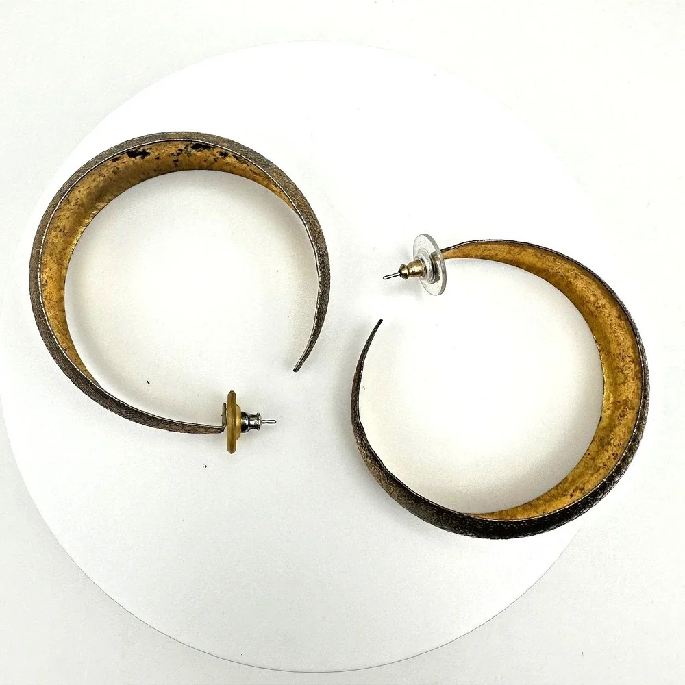 Vintage 80s Gold‎ Tone Textured Hoop Earrings Statement Boho Women's Jewelry Y2K